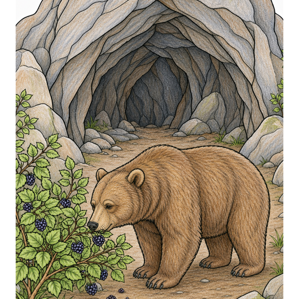 Von MellowMori kolorierter Braunbär an einer felsigen Höhle