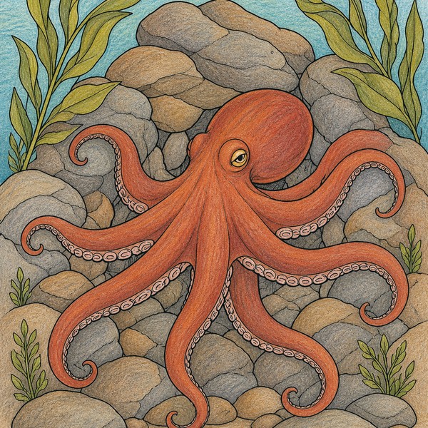 Von MellowMori kolorierter Oktopus in einer felsigen Unterwasserwelt