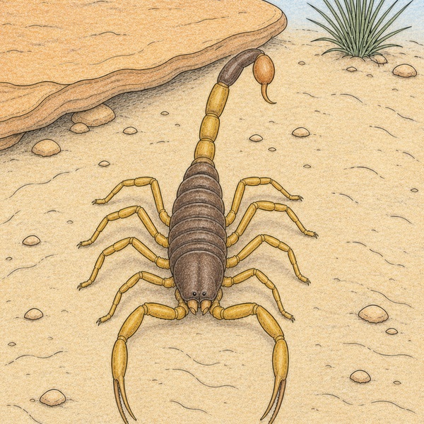 Von MellowMori kolorierter Skorpion vor einem natürlichen Wüstenfelsen