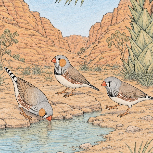 Von MellowMori kolorierte Zebrafinken an einer Wasserstelle im Palm Valley